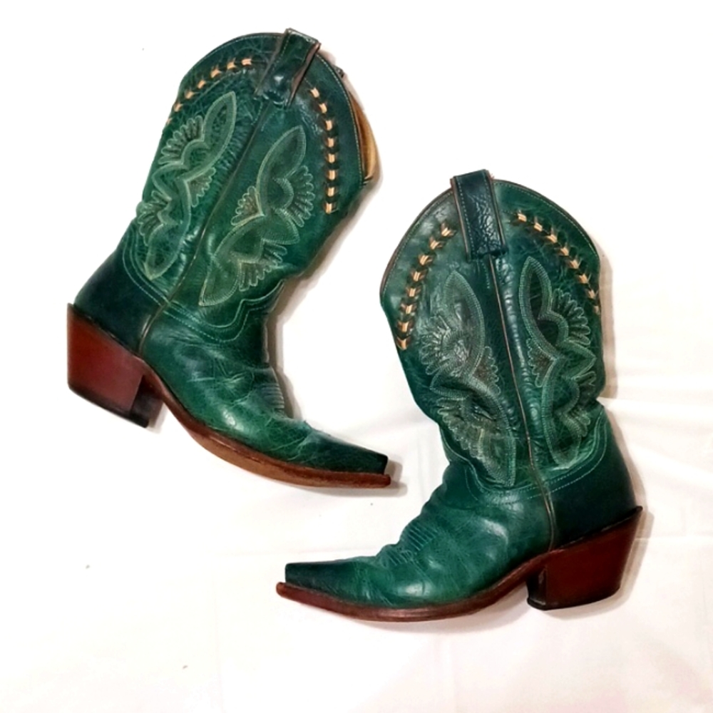 Justin Damiana Turquoise Green Cowboy Boot Cow Foot Snipped Toe Size 7 B